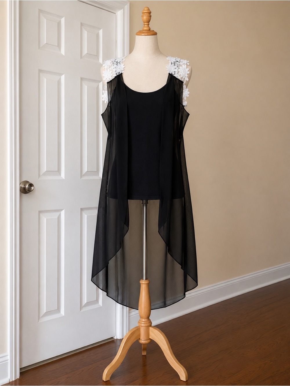Black Sheer Overlay Open Tank Vest with White Floral Shoulder Appliqué